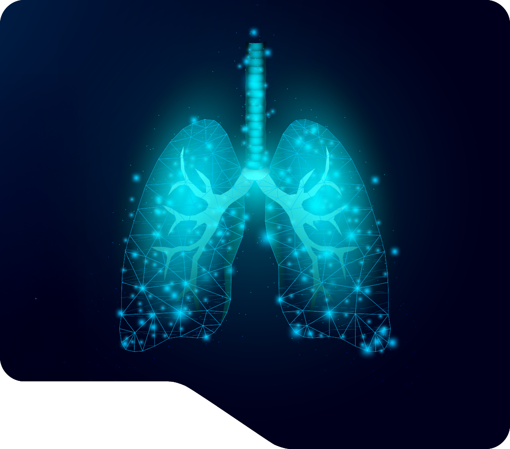 Digital illustration of glowing lungs with trachea on dark blue background with network pattern